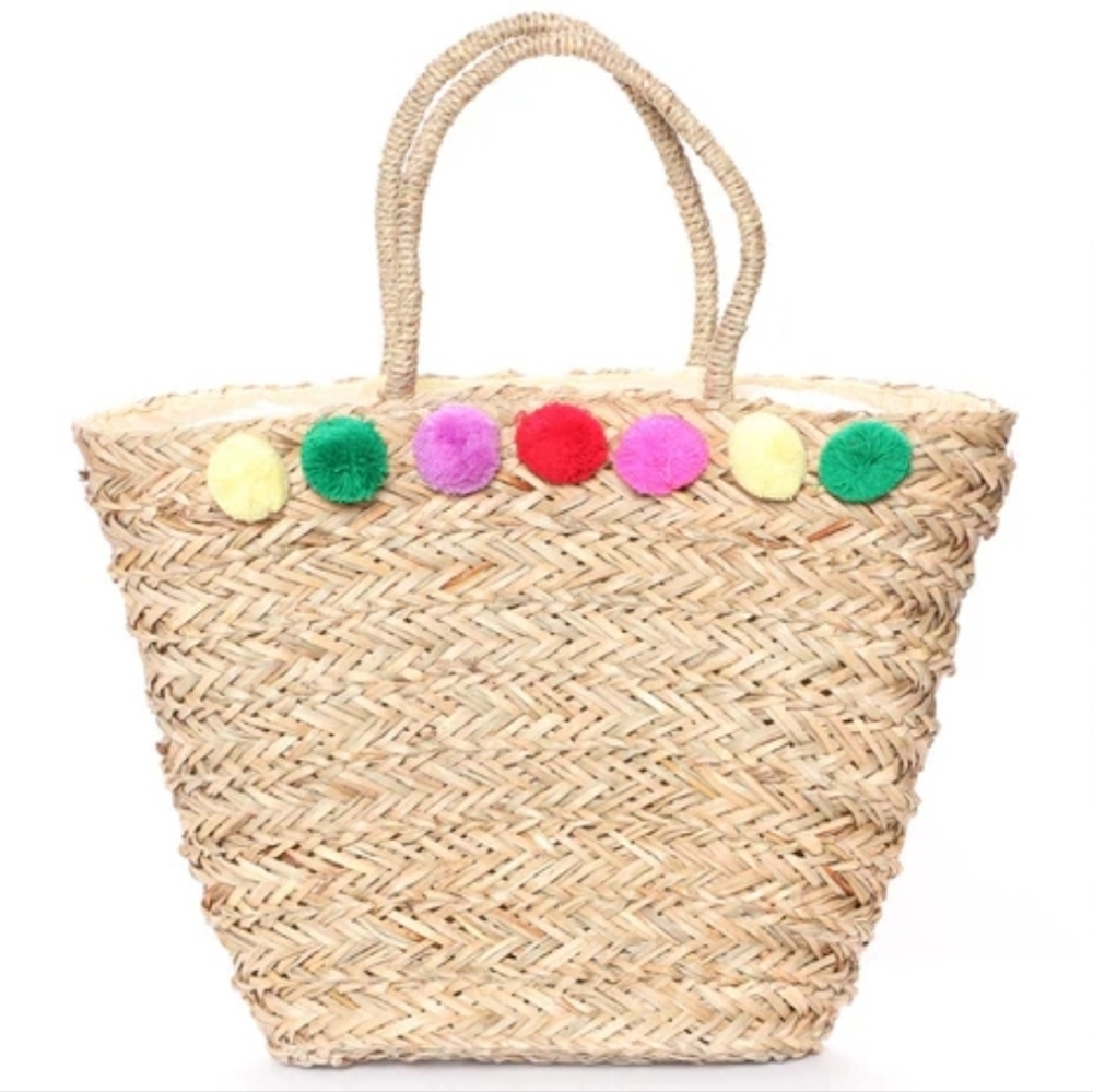 Colorful Pom Pom Straw Tote Bag